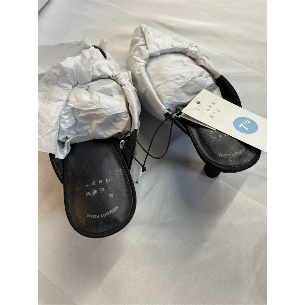 A New Day Black Rhinestone Memory Foam Pointed Toe Slip-On Kitten Heel Mules 7.5